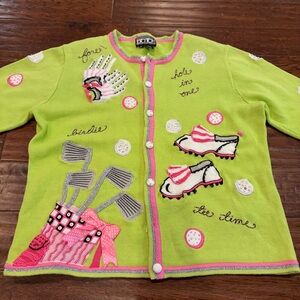 Vtg Berek by Takako Sakon Knitted Cardigan Sweater Golf Green Grannycore Size M